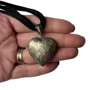 Vintage Sterling Silver Puffy Heart Locket Necklace Embossed 3 Strand Marked